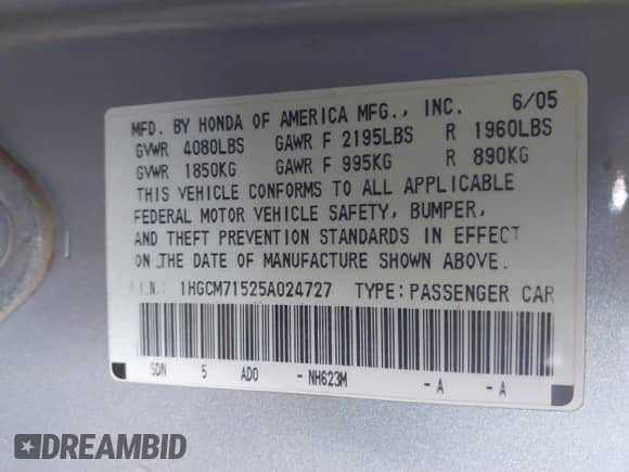 2005 Honda Accord with VIN 1HGCM71525A024727, listed as a IAAI auction lot 41759632 with 220,238 mi miles and . Bid and sale history available at DreamBid. Image 9.