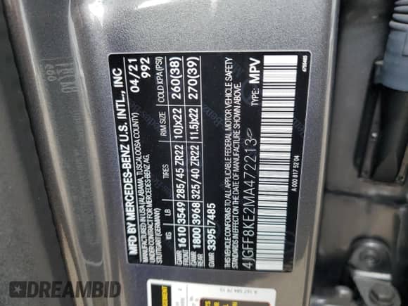 2021 Mercedes-Benz GLS 63 AMG with VIN 4JGFF8KE2MA472213, listed as a Copart auction lot 52400315 with 57,561 mi miles and Salvage title. Bid and sale history available at DreamBid. Image 13.