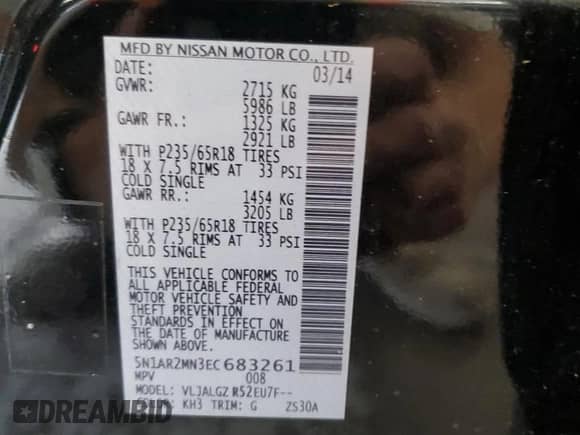 2014 Nissan Pathfinder S z VIN 5N1AR2MN3EC683261, wystawiony jako Copart lot #69570805 z przebiegiem 180 201 mil mil oraz Szkoda całkowita • Salvage title. Historia ofert i sprzedaży dostępna na DreamBid. Obrazek 14.