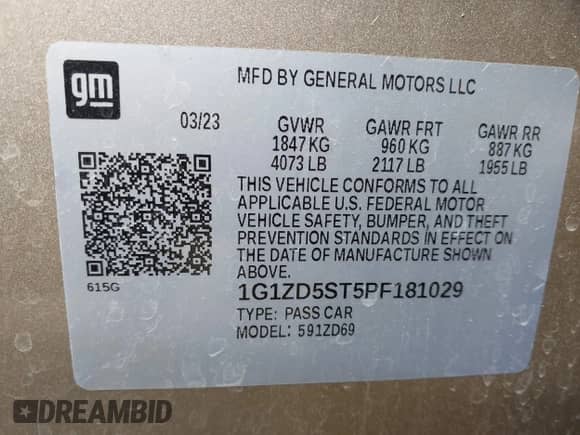 2023 Chevrolet Malibu LT with VIN 1G1ZD5ST5PF181029, listed as a IAAI auction lot 43163620 with 49,024 mi miles and . Bid and sale history available at DreamBid. Image 9.