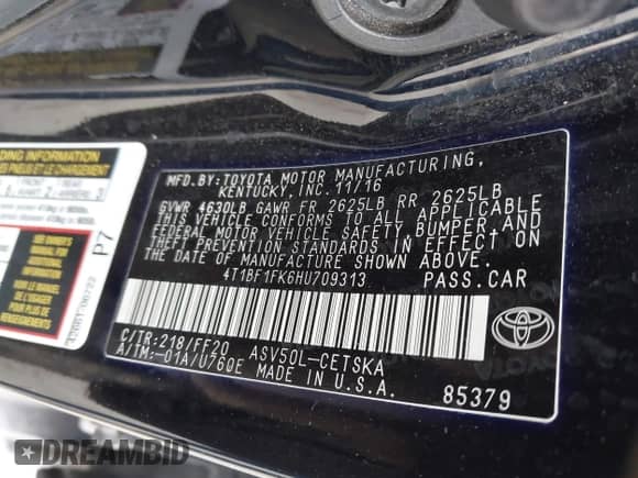 2017 Toyota Camry LE with VIN 4T1BF1FK6HU709313, listed as a IAAI auction lot 43287205 with 78,054 mi miles and . Bid and sale history available at DreamBid. Image 9.