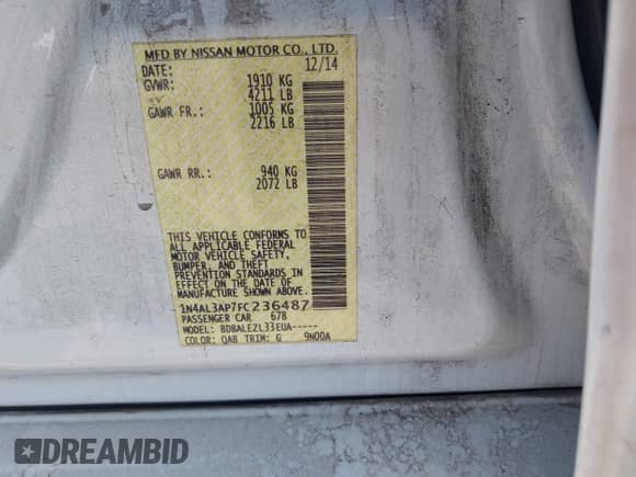 2015 Nissan Altima S z VIN 1N4AL3AP7FC236487, wystawiony jako IAAI lot #43348450 z przebiegiem 171 486 mil mil oraz . Historia ofert i sprzedaży dostępna na DreamBid. Obrazek 9.