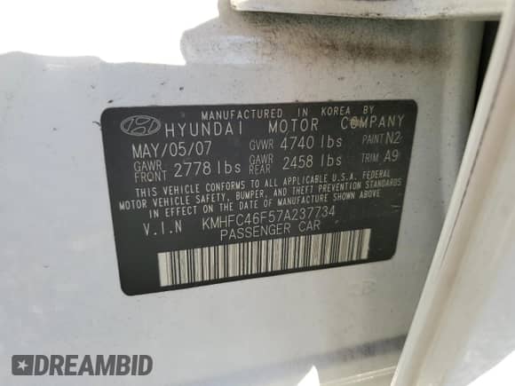 2007 Hyundai Azera SE с VIN KMHFC46F57A237734, выставлен на аукционе Copart как лот 89120545 с пробегом 26 445 миль миль и Списание • Salvage title. История ставок и продаж доступна на DreamBid. Изображение 12.