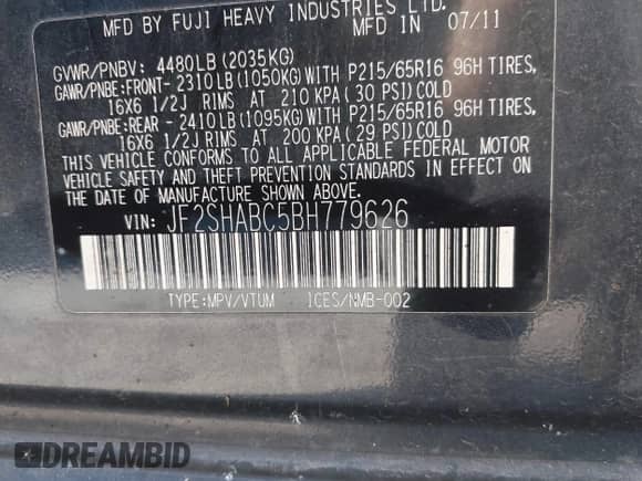 2011 Subaru Forester X with VIN JF2SHABC5BH779626, listed as a IAAI auction lot 43451622 with 155,167 mi miles and . Bid and sale history available at DreamBid. Image 9.