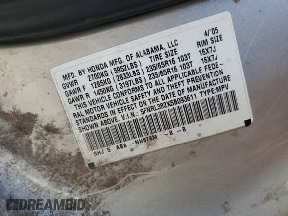 2005 Honda Odyssey LX with VIN 5FNRL382X5B093611, listed as a Copart auction lot 72099085 with 175,368 mi miles and Salvage title. Bid and sale history available at DreamBid. Image 13.