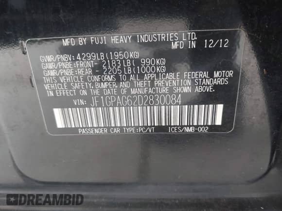 2013 Subaru Impreza Limited with VIN JF1GPAG62D2830084, listed as a IAAI auction lot 42418790 with 111,740 mi miles and . Bid and sale history available at DreamBid. Image 9.