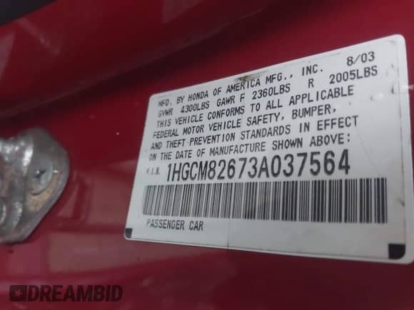 2003 Honda Accord EX z VIN 1HGCM82673A037564, wystawiony jako IAAI lot #43176214 z przebiegiem Nie podano mil oraz . Historia ofert i sprzedaży dostępna na DreamBid. Obrazek 9.