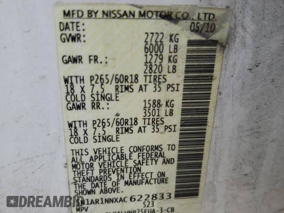 2010 Nissan Pathfinder SE with VIN 5N1AR1NNXAC622833, listed as a Copart auction lot 55167265 with 198,337 mi miles and Salvage title. Bid and sale history available at DreamBid. Image 14.