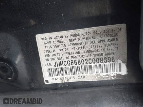 2002 Honda Accord SE with VIN JHMCG66802C008396, listed as a IAAI auction lot 42850312 with Not provided miles and . Bid and sale history available at DreamBid. Image 9.