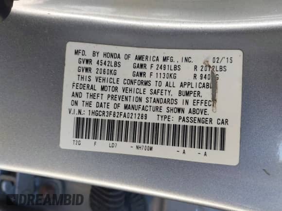 2015 Honda Accord EX-L с VIN 1HGCR3F82FA021289, выставлен на аукционе IAAI как лот 43430209 с пробегом 77 299 миль миль и . История ставок и продаж доступна на DreamBid. Изображение 9.