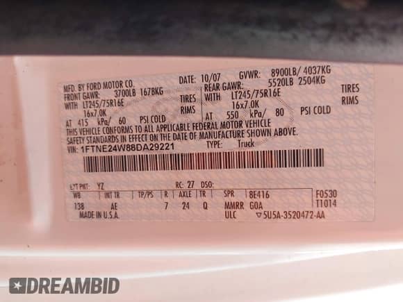 2008 Ford Econoline Cargo Commercial with VIN 1FTNE24W88DA29221, listed as a IAAI auction lot 42688685 with 188,140 mi miles and . Bid and sale history available at DreamBid. Image 9.