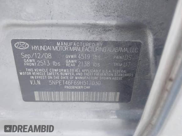 2009 Hyundai Sonata GLS с VIN 5NPET46F69H517030, выставлен на аукционе IAAI как лот 43423569 с пробегом 264 017 миль миль и . История ставок и продаж доступна на DreamBid. Изображение 9.