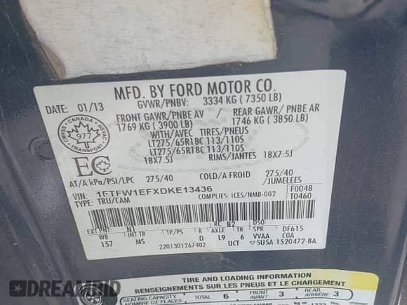 2013 Ford F-150 XL with VIN 1FTFW1EFXDKE13436, listed as a IAAI auction lot 43403165 with 156,598 mi miles and . Bid and sale history available at DreamBid. Image 9.