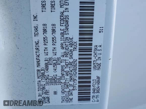 2016 Toyota Tundra SR with VIN 5TFCY5F1XGX020292, listed as a Copart auction lot 87105715 with 121,822 mi miles and Salvage title. Bid and sale history available at DreamBid. Image 13.