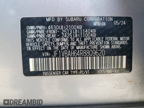 2024 Subaru WRX Premium с VIN JF1VBAH64R8809620, выставлен на аукционе Copart как лот 89673715 с пробегом 15 100 миль миль и Списание • Salvage title. История ставок и продаж доступна на DreamBid. Изображение 13.