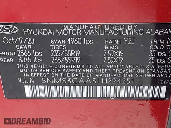 2020 Hyundai Santa Fe SEL with VIN 5NMS3CAA5LH294251, listed as a IAAI auction lot 41731349 with 49,267 mi miles and . Bid and sale history available at DreamBid. Image 9.