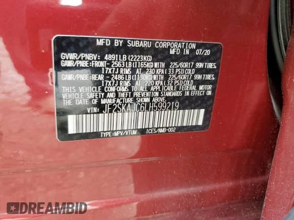 2020 Subaru Forester Premium with VIN JF2SKAJC6LH599219, listed as a Copart auction lot 81233935 with 36,170 mi miles and Salvage title. Bid and sale history available at DreamBid. Image 12.