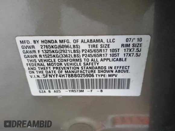 2011 Honda Pilot EX-L with VIN 5FNYF4H78BB025906, listed as a Copart auction lot 84996215 with 145,943 mi miles and Salvage title. Bid and sale history available at DreamBid. Image 13.