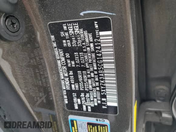 2012 Hyundai Santa Fe Limited с VIN 5XYZK3AB5CG142412, выставлен на аукционе Copart как лот 82600135 с пробегом 139 986 миль миль и Чистый • Clean title. История ставок и продаж доступна на DreamBid. Изображение 13.