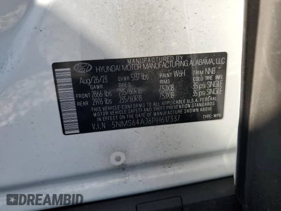 2023 Hyundai Santa Fe XRT with VIN 5NMS64AJ6PH617337, listed as a Copart auction lot 56915305 with Not provided miles and Non repairable. Bid and sale history available at DreamBid. Image 13.