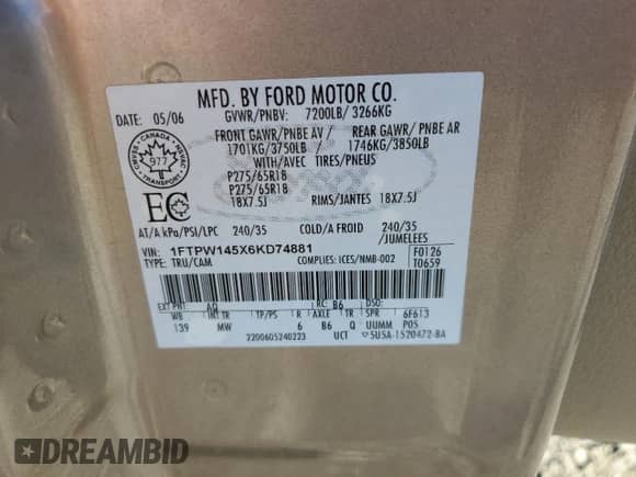 2006 Ford F-150 XLT with VIN 1FTPW145X6KD74881, listed as a Copart auction lot 85202045 with 220,674 mi miles and Salvage title. Bid and sale history available at DreamBid. Image 12.