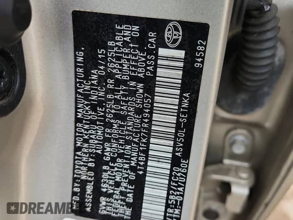 2015 Toyota Camry LE z VIN 4T4BF1FK7FR494057, wystawiony jako Copart lot #86092035 z przebiegiem Nie podano mil oraz Szkoda całkowita • Salvage title. Historia ofert i sprzedaży dostępna na DreamBid. Obrazek 12.