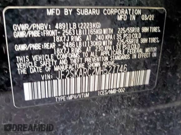 2021 Subaru Forester Special Sports z VIN JF2SKARC2MH527746, wystawiony jako Copart lot #70212025 z przebiegiem 56 739 mil mil oraz Szkoda całkowita • Salvage title. Historia ofert i sprzedaży dostępna na DreamBid. Obrazek 13.