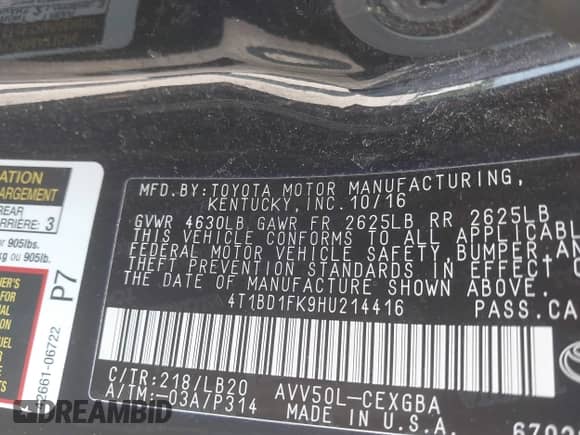 2017 Toyota Camry Hybrid LE с VIN 4T1BD1FK9HU214416, выставлен на аукционе IAAI как лот 42810664 с пробегом 102 711 миль миль и . История ставок и продаж доступна на DreamBid. Изображение 9.