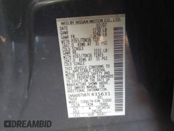 2007 Nissan Frontier SE z VIN 1N6AD07U67C435631, wystawiony jako IAAI lot #42723367 z przebiegiem 193 871 mil mil oraz . Historia ofert i sprzedaży dostępna na DreamBid. Obrazek 9.