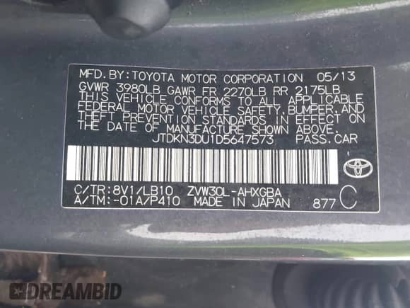 2013 Toyota Prius One с VIN JTDKN3DU1D5647573, выставлен на аукционе IAAI как лот 43040482 с пробегом 272 698 миль миль и . История ставок и продаж доступна на DreamBid. Изображение 9.