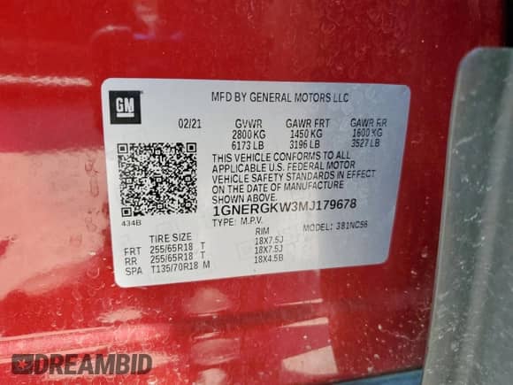 2021 Chevrolet Traverse LT Cloth z VIN 1GNERGKW3MJ179678, wystawiony jako Copart lot #81684605 z przebiegiem 62 479 mil mil oraz Szkoda całkowita • Salvage title. Historia ofert i sprzedaży dostępna na DreamBid. Obrazek 14.