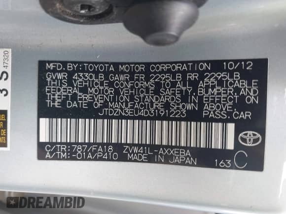 2013 Toyota Prius Two with VIN JTDZN3EU4D3191223, listed as a IAAI auction lot 42594874 with 93,965 mi miles and . Bid and sale history available at DreamBid. Image 9.