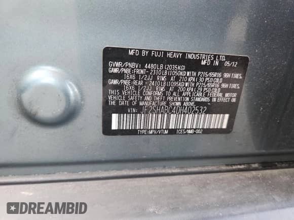 2013 Subaru Forester X z VIN JF2SHABC4DH402532, wystawiony jako Copart lot #84226855 z przebiegiem 167 334 mil mil oraz Szkoda całkowita • Salvage title. Historia ofert i sprzedaży dostępna na DreamBid. Obrazek 12.