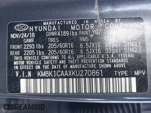 2019 Hyundai Kona SE z VIN KM8K1CAAXKU270861, wystawiony jako IAAI lot #43533383 z przebiegiem 128 687 mil mil oraz . Historia ofert i sprzedaży dostępna na DreamBid. Obrazek 9.