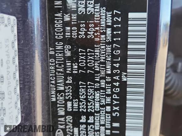 2020 Kia Sorento LX с VIN 5XYPG4A34LG711127, выставлен на аукционе Copart как лот 86649565 с пробегом 90 808 миль миль и Списание • Salvage title. История ставок и продаж доступна на DreamBid. Изображение 13.