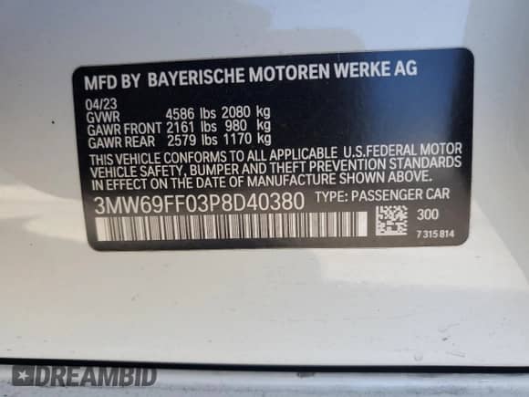 2023 BMW 3 Series 330i z VIN 3MW69FF03P8D40380, wystawiony jako Copart lot #63326605 z przebiegiem 18 236 mil mil oraz Szkoda całkowita • Salvage title. Historia ofert i sprzedaży dostępna na DreamBid. Obrazek 12.