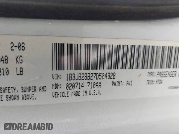 2007 Dodge Caliber with VIN 1B3JB28B27D504828, listed as a IAAI auction lot 43444034 with Not provided miles and . Bid and sale history available at DreamBid. Image 9.