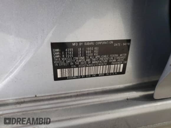 2018 Subaru Impreza z VIN 4S3GTAA62J1740370, wystawiony jako Copart lot #61502454 z przebiegiem 114 311 mil mil oraz Szkoda całkowita • Salvage title. Historia ofert i sprzedaży dostępna na DreamBid. Obrazek 13.