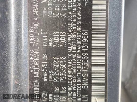 2009 Hyundai Santa Fe Limited с VIN 5NMSH73E69H319661, выставлен на аукционе Copart как лот 71842874 с пробегом 171 858 миль миль и Списание • Salvage title. История ставок и продаж доступна на DreamBid. Изображение 13.