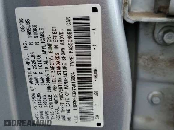 2007 Honda Accord LX SE с VIN 1HGCM553X7A016004, выставлен на аукционе Copart как лот 59342645 с пробегом 135 414 миль миль и Чистый • Clean title. История ставок и продаж доступна на DreamBid. Изображение 12.