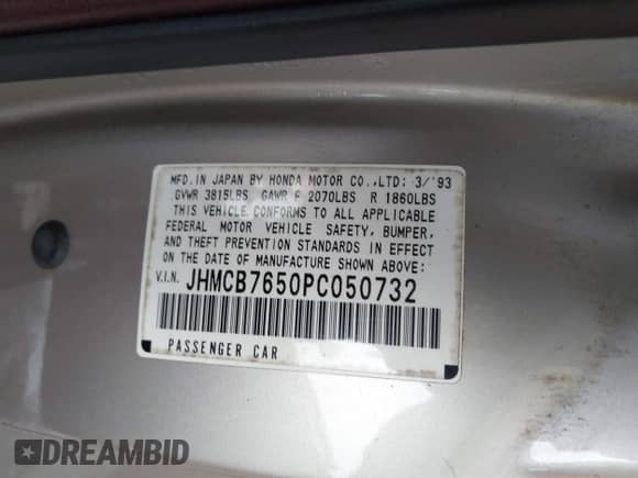 1993 Honda Accord LX z VIN JHMCB7650PC050732, wystawiony jako IAAI lot #42269319 z przebiegiem 77 651 mil mil oraz . Historia ofert i sprzedaży dostępna na DreamBid. Obrazek 9.