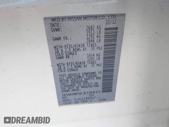 2013 Nissan Pathfinder Platinum with VIN 5N1AR2MN5DC610455, listed as a IAAI auction lot 41879396 with 111,913 mi miles and . Bid and sale history available at DreamBid. Image 9.