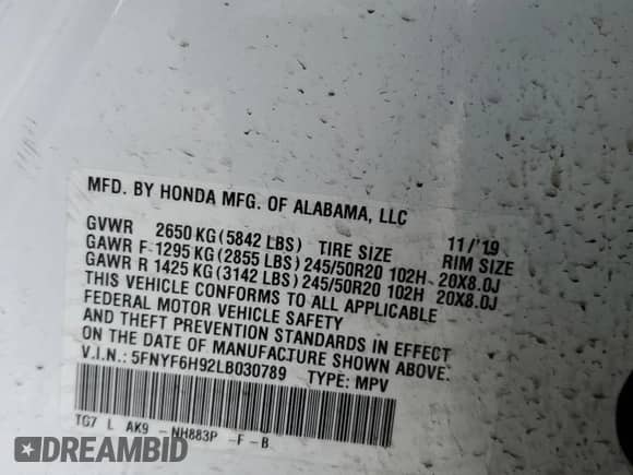 2020 Honda Pilot Touring 8-Passenger z VIN 5FNYF6H92LB030789, wystawiony jako Copart lot #48794445 z przebiegiem 63 640 mil mil oraz Szkoda całkowita • Salvage title. Historia ofert i sprzedaży dostępna na DreamBid. Obrazek 15.