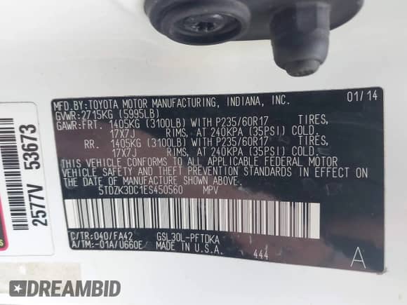 2014 Toyota Sienna L with VIN 5TDZK3DC1ES450560, listed as a IAAI auction lot 42907243 with Not provided miles and . Bid and sale history available at DreamBid. Image 9.