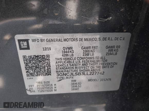 2020 Chevrolet Trax LT z VIN 3GNCJLSB3LL227742, wystawiony jako IAAI lot #42731737 z przebiegiem 65 557 mil mil oraz . Historia ofert i sprzedaży dostępna na DreamBid. Obrazek 9.