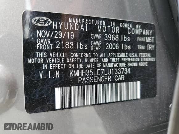 2020 Hyundai Elantra z VIN KMHH35LE7LU133734, wystawiony jako Copart lot #70744885 z przebiegiem Nie podano mil oraz Szkoda całkowita • Salvage title. Historia ofert i sprzedaży dostępna na DreamBid. Obrazek 12.