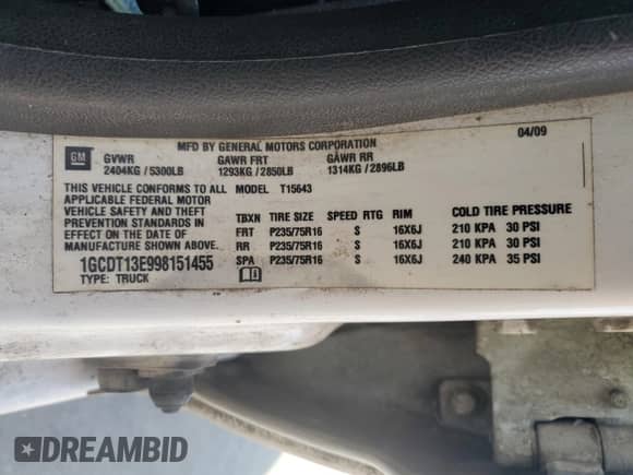 2009 Chevrolet Colorado 1LT z VIN 1GCDT13E998151455, wystawiony jako Copart lot #56777205 z przebiegiem Nie podano mil oraz Nie do naprawy • Non repairable. Historia ofert i sprzedaży dostępna na DreamBid. Obrazek 12.