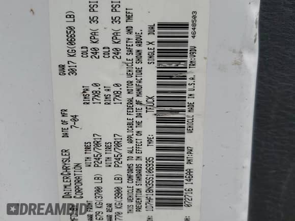 2005 Dodge 1500 SLT z VIN 1D7HA18N35S106935, wystawiony jako Copart lot #71087425 z przebiegiem Nie podano mil oraz Szkoda całkowita • Salvage title. Historia ofert i sprzedaży dostępna na DreamBid. Obrazek 13.