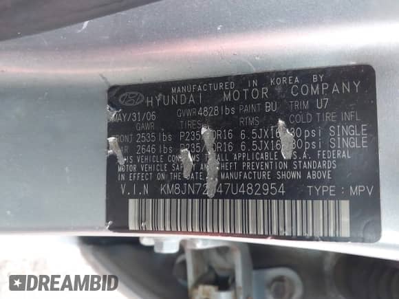 2007 Hyundai Tucson SE z VIN KM8JN72D47U482954, wystawiony jako IAAI lot #41902192 z przebiegiem 170 045 mil mil oraz . Historia ofert i sprzedaży dostępna na DreamBid. Obrazek 9.