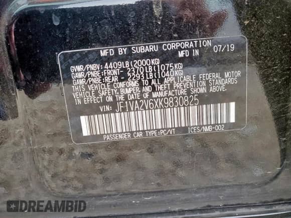 2019 Subaru WRX STI Limited with VIN JF1VA2V6XK9830825, listed as a Copart auction lot 69884295 with 43,408 mi miles and Salvage title. Bid and sale history available at DreamBid. Image 13.